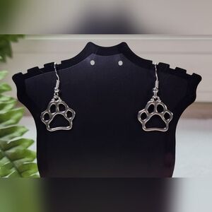 Silver Paw Print Statement Dangle Earrings / Pierced